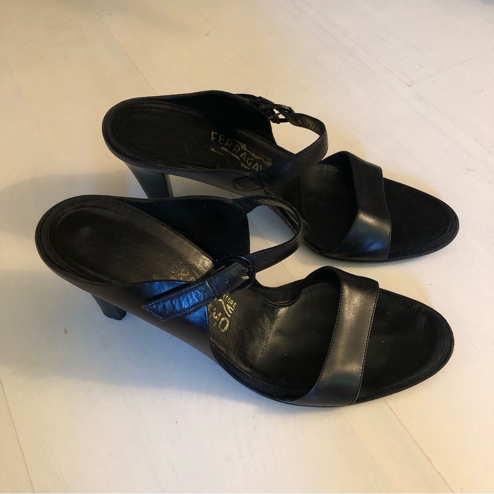Ferragamo black leather heeled mule sandals